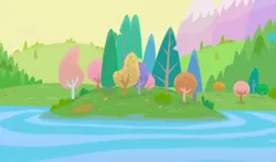 Size: 768x452 | Tagged: derpibooru import, g3.5, island, lake, mountain, no pony, safe, scenery, screencap, somewhere super new, tree, twinkle wish adventure, water