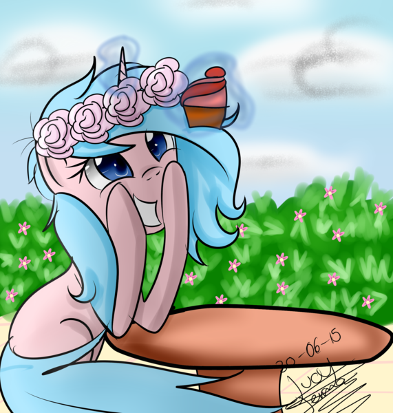 Size: 2000x2100 | Tagged: artist:scarlett-letter, cupcake, cute, derpibooru import, eyes on the prize, floral head wreath, flower, grin, happy, leaning, levitation, magic, safe, sky, smiling, squee, squishy cheeks, sun, telekinesis