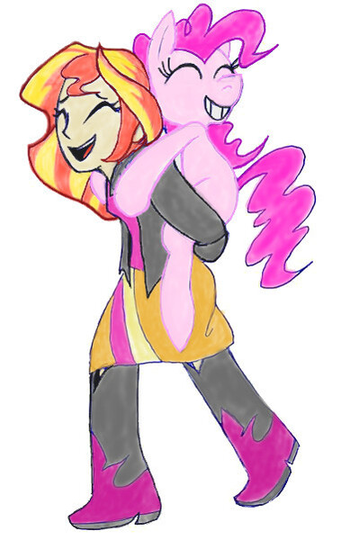 Size: 380x601 | Tagged: safe, artist:junky rat, derpibooru import, pinkie pie, sunset shimmer, equestria girls, piggyback ride, ponies riding humans