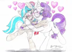 Size: 1666x1206 | Tagged: artist:semijuggalo, blushing, coco pommel, derpibooru import, female, heart, hug, lesbian, marshmallow coco, possibly plutonic, rarity, safe, shipping, traditional art