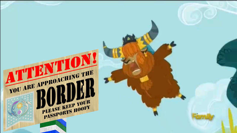 Size: 1280x720 | Tagged: alternate ending, body slam, border, cloven hooves, derpibooru import, diplomacy, diplomat, diplomatic immunity, discovery family logo, edit, equestrian flag, flag, flying, kicking, male, papers please, party pooped, politics, prince rutherford, pun, reality ensues, safe, screaming, sign, this will end in pain, warning, yak, yak smash