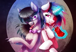Size: 1000x683 | Tagged: safe, artist:limreiart, derpibooru import, octavia melody, vinyl scratch, hengstwolf, pony, unicorn, vampire, vampony, werewolf, blood, blood pack, bowtie, chest fluff, drinking, ear fluff, fanfic art, fangs, female, fluffy, full moon, glasses, glowing horn, hair over one eye, hoof fluff, hooves, horn, leg fluff, levitation, looking at you, magic, mare, moon, muzzle fluff, neck fluff, open mouth, smiling, solo, teeth, telekinesis, tongue out