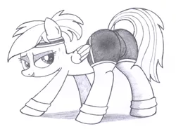 Size: 2600x1910 | Tagged: anus cameltoe, artist:an-tonio, bedroom eyes, clothes, compression shorts, derpibooru import, female, looking back, monochrome, plot, ponytail, presenting, rainbow dash, shorts, solo, solo female, sports shorts, suggestive, sweatband, traditional art