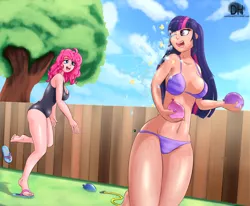 Size: 2015x1657 | Tagged: artist:sugarlesspaints, barefoot, bikini, breasts, busty pinkie pie, busty twilight sparkle, clothes, derpibooru import, feet, female, hose, human, humanized, nail polish, one-piece swimsuit, open-back swimsuit, pinkie pie, sandals, suggestive, swimsuit, toes, twilight sparkle, voyeur, water balloon