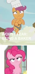 Size: 459x978 | Tagged: safe, derpibooru import, edit, edited screencap, screencap, pinkie pie, scootaloo, earth pony, pegasus, pony, bloom and gloom, the cutie map, cropped, female, filly, foal, mare, pinkie pie is not amused, text, unamused