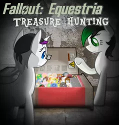 Size: 3800x4000 | Tagged: safe, artist:jordo76, derpibooru import, oc, oc:hidden fortune, oc:lost art, unofficial characters only, earth pony, pony, unicorn, fallout equestria, fallout equestria: treasure hunting, bandana, cover, cover art, cutie mark, duo, glasses, smiling, vending machine