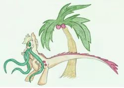 Size: 11256x8064 | Tagged: absurd resolution, apple, applejack, artist needed, colored pencil drawing, derpibooru import, monster pony, original species, palm tree, prehistoric, safe, tatzljack, tatzlpony, tentacles, tentacle tongue, traditional art, tree