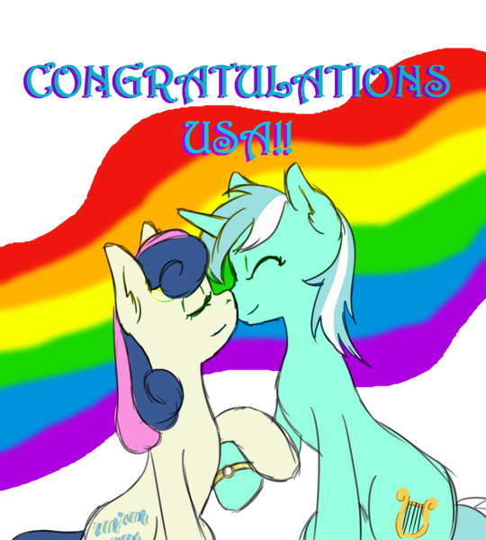 Size: 1800x2000 | Tagged: safe, artist:chipperpony, derpibooru import, bon bon, lyra heartstrings, sweetie drops, female, gay pride, gay pride flag, lesbian, lovewins, lyrabon, pride, rainbow, shipping, wedding ring