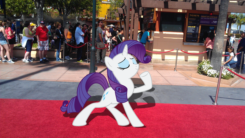 Size: 3264x1840 | Tagged: artist:budgeriboo, artist:waycool64, carpet, cinema, derpibooru import, flower, human, irl, irl human, line, photo, ponies in real life, pose, rarity, red carpet, rope, safe, shadow, sign, solo, tickets, universal studios, vector