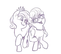 Size: 2000x1800 | Tagged: safe, artist:verulence, derpibooru import, diamond tiara, silver spoon, earth pony, pony, butt bump, butt to butt, butt touch, cute, diamondbetes, eye contact, female, filly, glasses, lineart, lip bite, looking at each other, monochrome, open mouth, raised eyebrow, raised hoof, raised leg, silverbetes, simple background, smiling, smirk, white background
