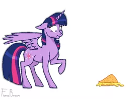 Size: 1366x1076 | Tagged: safe, artist:fiona brown, derpibooru import, twilight sparkle, twilight sparkle (alicorn), alicorn, pony, party pooped, fear, female, floppy ears, frown, mare, quesadilla, raised hoof, scared, solo, spread wings, they're just so cheesy, wide eyes