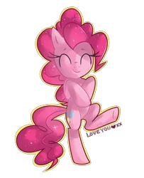 Size: 1300x1600 | Tagged: safe, artist:kaji-tanii, derpibooru import, pinkie pie, earth pony, pony, bipedal, cute, diapinkes, eyes closed, female, mare, on one hoof, simple background, solo, transparent background