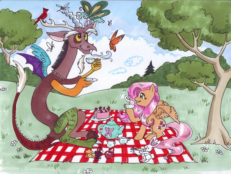 Size: 1648x1243 | Tagged: angel bunny, artist:zaionczyk, bird, breezie, butterfly, cake, derpibooru import, discord, fluttershy, picnic, safe, tea, traditional art