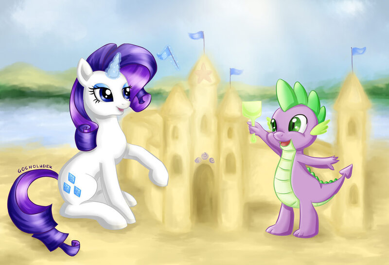 Size: 1024x698 | Tagged: safe, artist:gocholudek, derpibooru import, rarity, spike, beach, commission, female, magic, male, sand castle, shipping, sparity, straight