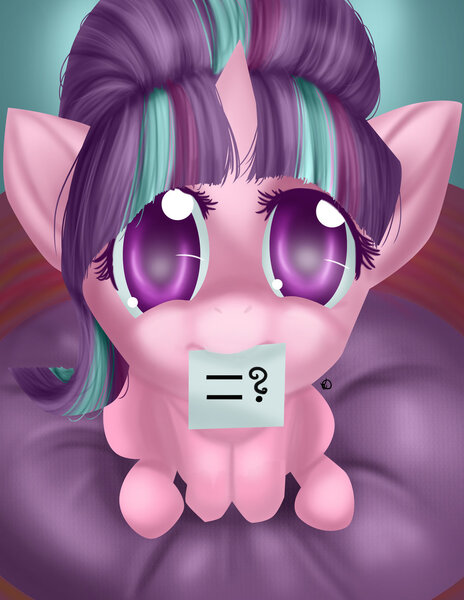 Size: 1024x1325 | Tagged: safe, artist:mirrorandimage, derpibooru import, starlight glimmer, pony, unicorn, cute, equal sign, female, glimmerbetes, looking at you, looking up, mare, mouth hold, nom, question mark, sitting, smiling, solo