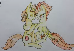 Size: 2690x1859 | Tagged: artist:bleedingwings12, braeburn, derpibooru import, female, male, safe, shipping, spitburn, spitfire, straight, traditional art