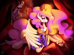 Size: 1024x761 | Tagged: artist:shivall, derpibooru import, filly, hug, momlestia fuel, pink-mane celestia, princess celestia, princess luna, royal sisters, safe, size difference, sweet dreams fuel, winghug, woona, younger