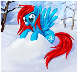 Size: 3060x2851 | Tagged: safe, artist:centchi, derpibooru import, oc, oc:icicle blaze, unofficial characters only, pegasus, pony, female, happy, looking down, mare, open mouth, outdoors, smiling, snow, snowfall, solo, spread wings, tree, wings