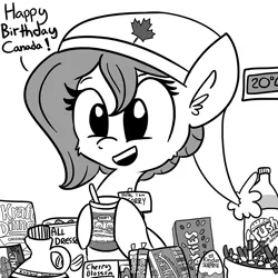 Size: 825x825 | Tagged: safe, artist:tjpones, derpibooru import, oc, oc:brownie bun, unofficial characters only, horse wife, canada day, cute, food, kinder egg, kraft dinner, monochrome, smarties, soda, solo, syrup, tumblr