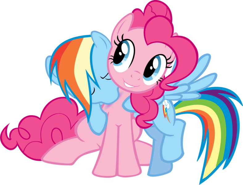 Size: 3469x2640 | Tagged: safe, artist:thebiancoangelo, derpibooru import, pinkie pie, rainbow dash, earth pony, pegasus, pony, biting, cute, eyes closed, female, grin, hug, lesbian, mare, neck biting, pinkiedash, raised leg, shipping, show accurate, simple background, sitting, smiling, transparent background, vector