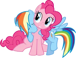 Size: 3469x2640 | Tagged: safe, artist:thebiancoangelo, derpibooru import, pinkie pie, rainbow dash, earth pony, pegasus, pony, biting, cute, eyes closed, female, grin, hug, lesbian, mare, neck biting, pinkiedash, raised leg, shipping, show accurate, simple background, sitting, smiling, transparent background, vector