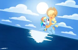 Size: 1701x1087 | Tagged: safe, artist:willisninety-six, derpibooru import, applejack, rainbow dash, appledash, carrying, eyes closed, female, flying, happy, lesbian, ocean, open mouth, ponies riding ponies, shipping, sky, smiling, spread wings, sun