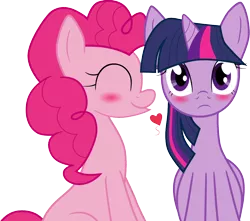 Size: 1130x1000 | Tagged: safe, artist:verappp, derpibooru import, pinkie pie, twilight sparkle, twilight sparkle (alicorn), alicorn, pony, blushing, cute, diapinkes, eyes closed, female, frown, heart, kissing, lesbian, mare, remake, shipping, simple background, sitting, smiling, transparent background, twiabetes, twinkie, twinkiebetes, vector, wide eyes