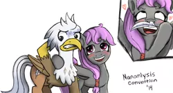 Size: 1200x649 | Tagged: safe, artist:root, derpibooru import, oc, oc:peel off, oc:silver quill, unofficial characters only, classical hippogriff, hippogriff, pegasus, pony, blushing, feather, heart, non-pony oc, simple background, sweat, white background