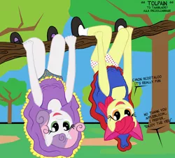 Size: 2098x1908 | Tagged: anthro, apple bloom, artist:tolpain, blue underwear, clothes, cute, cutie mark crusaders, derpibooru import, dress, enjoying the view, flower pattern underwear, foalcon, hanging, hanging upside down, implied scootaloo, mary janes, panties, scootaloo, skirt, skirt flip, skirt lift, strawberry underwear, suggestive, sweetie belle, underwear, upside down, white underwear