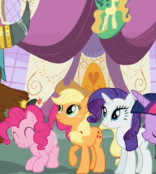 Size: 430x480 | Tagged: safe, derpibooru import, screencap, applejack, pinkie pie, prince rutherford, rarity, twilight sparkle, twilight sparkle (alicorn), alicorn, pony, yak, party pooped, animated, cute, female, mare