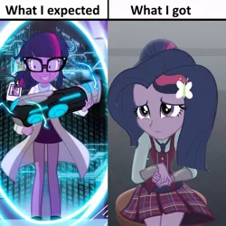 Size: 776x775 | Tagged: safe, artist:bluse, derpibooru import, edit, fluttershy, sci-twi, twilight sparkle, equestria girls, friendship games, 1000 hours in ms paint, comparison, hilarious in hindsight, ms paint, reality check, recolor, show accurate