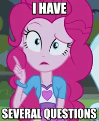 Size: 492x600 | Tagged: safe, derpibooru import, edit, edited screencap, screencap, pinkie pie, equestria girls, friendship games, caption, confused, flipped, i have several questions, image macro, jontron, meme, pinkie's questions meme, plug and play consoles, reaction image, solo