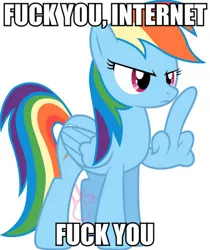 Size: 419x500 | Tagged: safe, artist:ieatedaunicorn, derpibooru import, rainbow dash, pegasus, pony, angry, female, fuck, fuck you, hooves, image macro, mare, meme, middle feather, middle finger, simple background, solo, text, vector, vulgar, white background, wing hands, wings