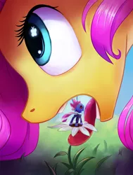 Size: 908x1200 | Tagged: safe, artist:sugahbite, deleted from derpibooru, derpibooru import, fluttershy, seabreeze, breezie, fetish, flower, flutterpred, grazing, imminent vore, macro, micro, open mouth, tongue out, unaware, vore