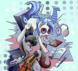 Size: 1307x1200 | Tagged: safe, artist:foresterrr, derpibooru import, octavia melody, vinyl scratch, earth pony, pony, unicorn, cd, cello, duo, female, headphones, mare, mouth hold, musical instrument, pen, piano, pixiv, speaker