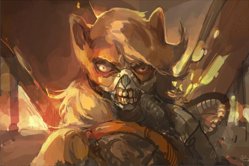 Size: 900x600 | Tagged: applejack, artist:bloodrizer, crossover, derpibooru import, glare, immortan joe, looking at you, mad max, mad max fury road, mask, metal, ponified, semi-grimdark, solo, wide eyes, witnessed