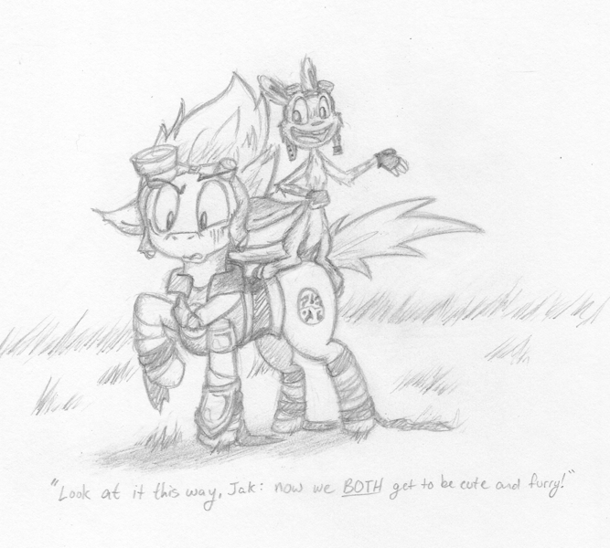 Size: 1443x1299 | Tagged: safe, artist:mischieflily, derpibooru import, ponified, goggles, jak and daxter, monochrome, pencil drawing, traditional art, video game