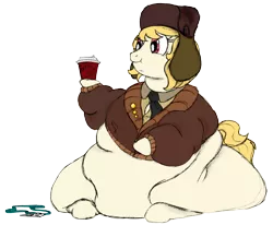 Size: 3000x2470 | Tagged: blank flank, blob, clothes, coat, derpibooru import, fat, hat, id, immobile, impossibly large belly, jacket, march gustysnows, obese, rolls of fat, safe, simple background, solo, transparent background