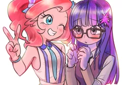 Size: 900x600 | Tagged: safe, artist:quizia, derpibooru import, pinkie pie, sci-twi, twilight sparkle, equestria girls, friendship games, adorkable, alternate hairstyle, armpits, blushing, cute, diapinkes, dork, female, glasses, lesbian, loose hair, moe, peace sign, quizia is trying to murder us, raptor hands, scitwinkie, shipping, twiabetes, twinkie