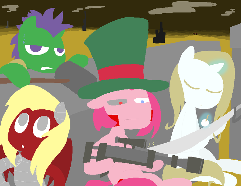 Size: 1000x774 | Tagged: safe, artist:lintmod, derpibooru import, oc, oc:gunrunner, oc:jackslap, oc:mira stronghoof, oc:sharp breath, unofficial characters only, bat pony, cyborg, earth pony, pony, unicorn, fallout equestria, dark, desert, group shot, hammer, harkonnen, hat, lineless, mad hatter hat, mysterius figures, sword, taking 5, the gunrunners, top hat, war hammer, weapon