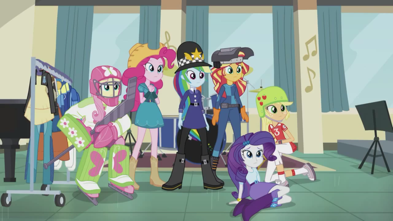 Size: 1920x1080 | Tagged: safe, derpibooru import, screencap, applejack, fluttershy, pinkie pie, rainbow dash, rarity, sunset shimmer, equestria girls, friendship games, awkward, bobby hat, boots, bracelet, clothes, context is for the weak, cowboy boots, cowboy hat, drum kit, drums, equestrian, farmer pinkie, hat, helmet, high heel boots, hockey, hockey helmet, hockey mask, hockey stick, jewelry, mask, musical instrument, piano, police, police uniform, pun, rozzer dash, shoes, skirt, sports, sunset welder, visual pun, wat, welding mask