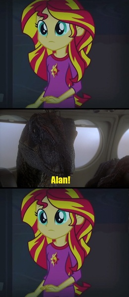 Size: 450x1036 | Tagged: safe, derpibooru import, sunset shimmer, velociraptor, equestria girls, alan, exploitable meme, jurassic park, jurassic park 3, meme, nostalgia critic, subversion, subverted meme, sunset screamer