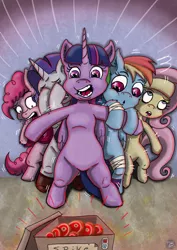 Size: 3508x4961 | Tagged: semi-grimdark, artist:dinodraketakethecake, derpibooru import, fluttershy, pinkie pie, rainbow dash, rarity, twilight sparkle, twilight sparkle (alicorn), alicorn, pony, bandage, box, faint, female, implied death, implied spike, mare, meat, open mouth, package, screaming, shivering, spittle, steak, wide eyes