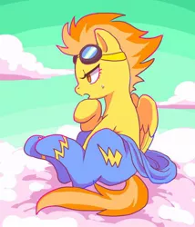 Size: 598x700 | Tagged: safe, artist:semi-kon, derpibooru import, spitfire, pegasus, pony, clothes, cloud, female, goggles, mare, open mouth, pensive, sitting, sky, solo, stupid sexy spitfire, sweat, undressing, wonderbolts uniform