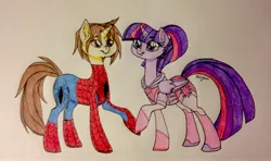 Size: 3238x1911 | Tagged: safe, artist:ameliacostanza, derpibooru import, twilight sparkle, twilight sparkle (alicorn), ponified, alicorn, pony, unicorn, amethyst sorceress, clothes, costume, crossover, crossover shipping, female, male, peter parker, shipping, spider-man, spiders and magic iv: the fall of spider-mane, spiders and magic: rise of spider-mane, spidertwi, straight, superhero, traditional art