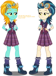 Size: 4167x5687 | Tagged: safe, artist:xebck, derpibooru import, edit, indigo zap, lightning dust, equestria girls, friendship games, absurd resolution, clothes, comparison, crystal prep academy uniform, ear piercing, earring, equestria girls-ified, goggles, jewelry, piercing, plaid skirt, pleated skirt, rainbow dash's counterparts, school uniform, shoes, simple background, skirt, sneakers, socks, transparent background, vector