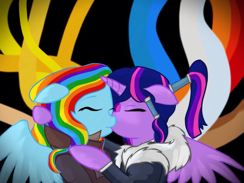 Size: 2048x1536 | Tagged: safe, artist:mylittlelevi64, derpibooru import, rainbow dash, twilight sparkle, alicorn, pony, asami sato, clothes, cosplay, female, korra, korrasami, lesbian, shipping, the legend of korra, twidash