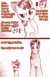 Size: 792x1206 | Tagged: suggestive, artist:jaxonian, derpibooru import, apple bloom, featherweight, rumble, trouble shoes, earth pony, pony, ask fapplebloom, colt, fapplebloom, filly, implied foalcon, male, prostitution, size comparison, stallion