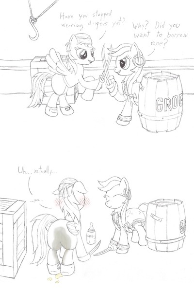 Size: 1600x2400 | Tagged: artist:datspaniard, baby bottle, barrel, blushing, bottle, comic, crate, derpibooru import, diaper, diaper fetish, fillybrush threepwood, floppy ears, foal bottle, grog, guybrush threepwood, monkey island, monochrome, pirate, pirate dash, pissing, poofy diaper, questionable, rainbow dash, urine, watersports, wet clothes, wet diaper, wetting