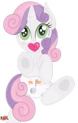 Size: 716x1116 | Tagged: artist:the-crusader-network, baby belle, cute, dawwww, dead source, decorated diaper, derpibooru import, diaper, diapered, diapered filly, eighth note, foal, heart pacifier, music note diaper, music notes, pacifier, safe, sweetie belle, white diaper